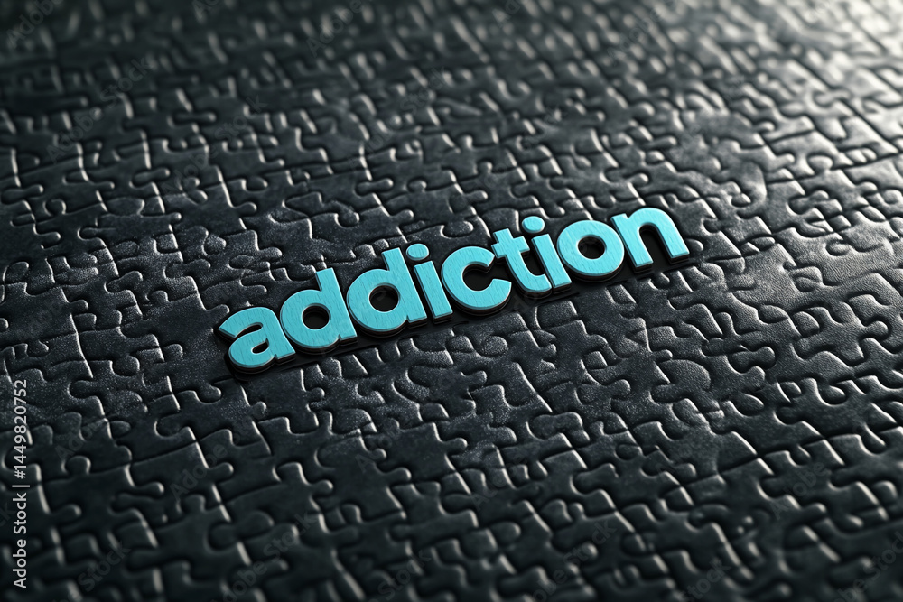 Aufkleber cyan word addiction on dark puzzle background, symbolizing struggle, challenge, and complexity of ov