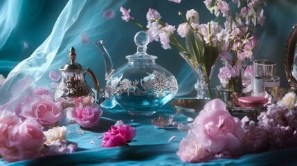 Decorative tea table with pastel glassware and flowers