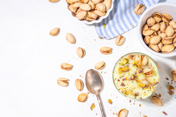 Vegan alternative non-dairy pistachio heavy cream, pistachio pudding or yogurt