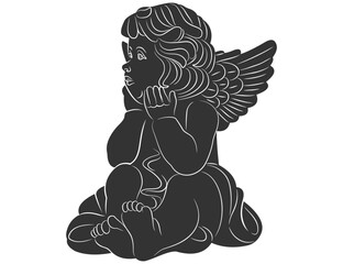 Cute Sitting Angel Silhouette – Peaceful Winged Child Vector Illustration