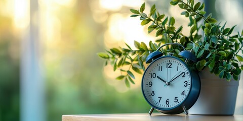 a blue clock sitting on a wooden table next to a small plant 
