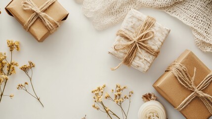 Eco-friendly gift wrapping with kraft paper and flowers