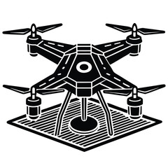 Drone Vector Silhouette illustration Drone on the ground with folded propellers