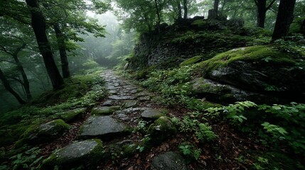 Obraz premium Ancient stone path through misty forest