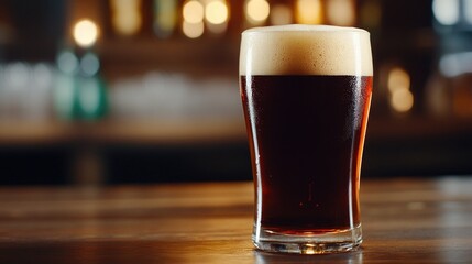 Brown ale in a glass on the bar. Frosty froth atop the liquid