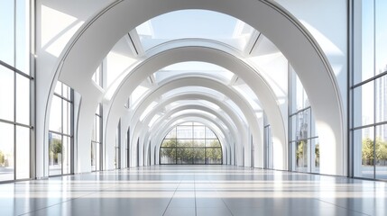Fototapeta premium Empty, modern hall with arched ceilings and large windows.