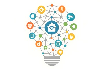 Smart Home Network with Light Bulb Icon and IoT Symbols in Clean Infographic Style