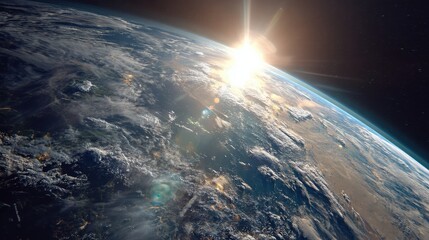 A breathtaking view of Earth from space, showcasing the planet's vibrant colors and intricate cloud formations as the sun rises on the horizon.