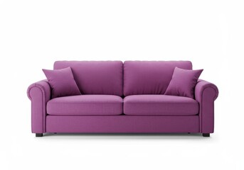 Obraz premium Modern two-seater sofa in vibrant purple with matching pillows against a clean white backdrop