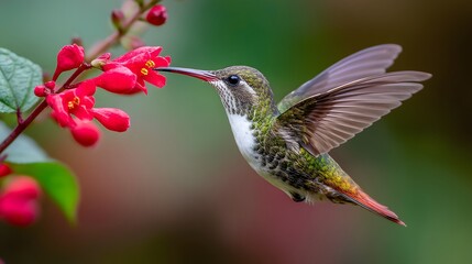 Fototapeta premium A hummingbird feeding on a vibrant red flower with wings spread in a natural green background scene