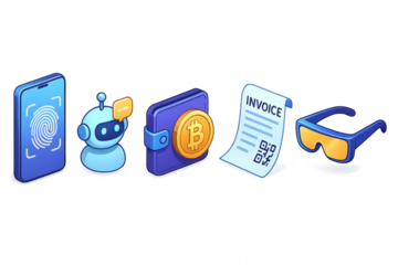 Set of digital commerce and finance icons including smartphone with fingerprint, chatbot, bitcoin wallet, invoice with QR code, and smart glasses, isolated on transparent background