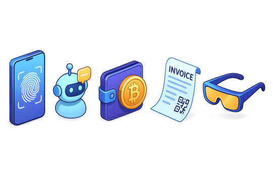 Set of digital commerce and finance icons including smartphone with fingerprint, chatbot, bitcoin wallet, invoice with QR code, and smart glasses, isolated on transparent background