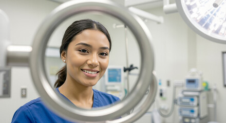 Nurse smiling in a medical environment behind a lens  