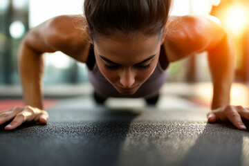 Person performing push-ups on a mat in a gym during a morning workout session
