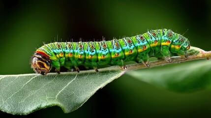 Vibrant Emerald Caterpillar on Green Leaf, Macro Detail