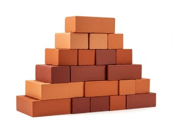 Pyramid of red clay bricks stacked on a white background, construction material for building and architecture