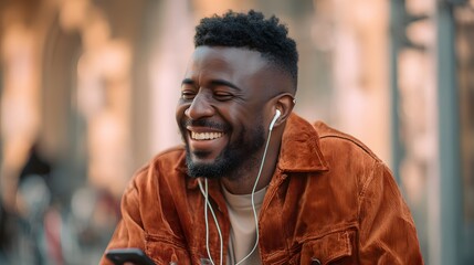 Fototapeta premium Man with headphones laughing while looking at his phone wearing a brown corduroy jacket outside