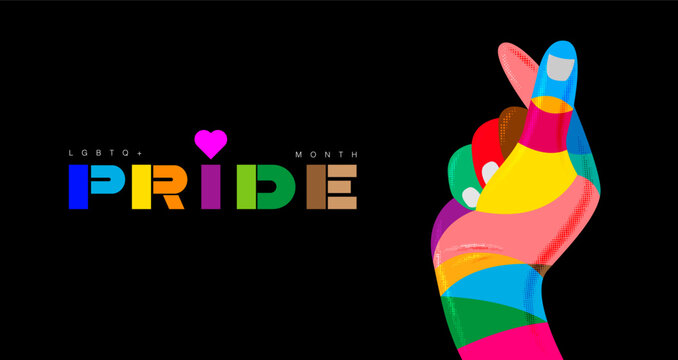 Pride Month , LGBTQ+ , banner Gay Pride Month, rainbow  color, Flat design ,hand, together, love sign, typography