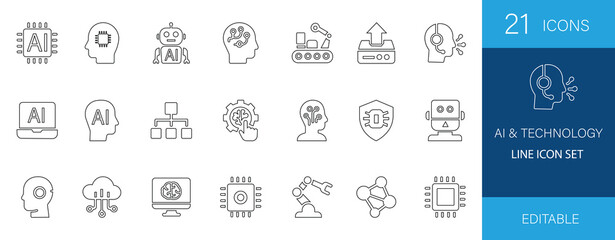This editable AI and technology line icon set features 21 modern, minimal designs perfect for websites, apps, and tech branding. Fully customizable and ideal for digital innovation projects