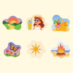 Summer Solstice Sticker Pack – Flat Design Summer Icons with Picnic, Fire, Nature, and Sunshine