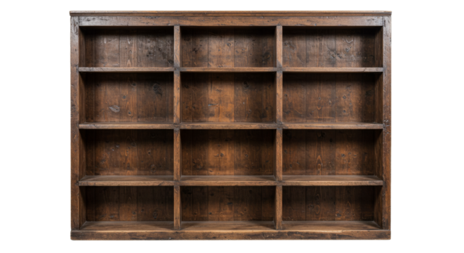 Antique wooden bookcase with twelve shelves