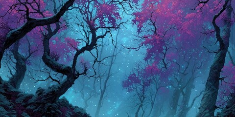 Fototapeta premium Dark twisting trees, purple leaves, glowing mist, ethereal forest, surreal landscape, vibrant foliage