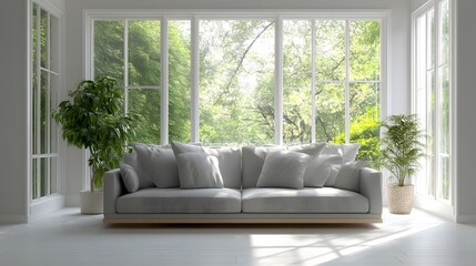 Bright living room with large windows, sofa, and plants creating a serene and natural atmosphere