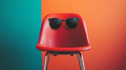 Red chair with sunglasses on dual tone backdrop