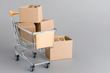 shopping cart with boxes on grey background