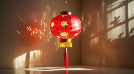 A red and gold Chinese paper lantern glowing warmly in a dim room, casting intricate shadows on the wall behind it