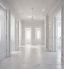 Crisp white interior, multiple doorways, varying positions ,  frame,  background,  photography