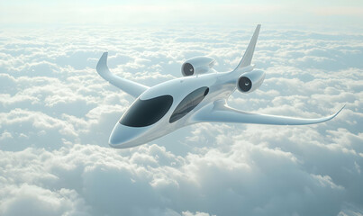 Naklejka premium Futuristic Aircraft Flying Above Clouds in Sunny Sky Environment
