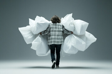 Struggling person attempts to carry multiple grocery bags in a modern setting during the day