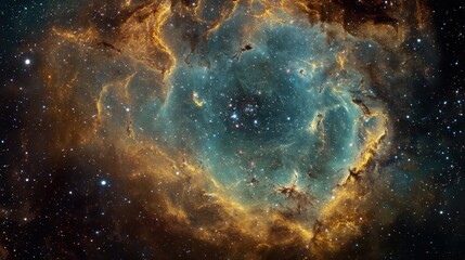 Obraz premium A mesmerizing cosmic landscape, swirling with teal and gold hues, reveals a nebula teeming with distant stars.