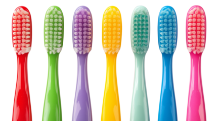 Vibrant array of colorful toothbrushes isolated on white transparent background