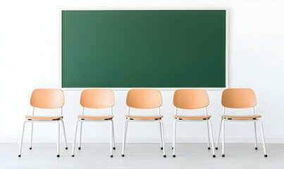 Empty Classroom with Wooden Chairs and Green Chalkboard