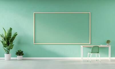 Minimalist Workspace with Green Wall and Wooden Frame for Artwork