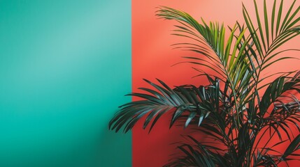 Fototapeta premium Interior with green palm plant against teal wall