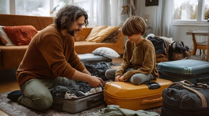 A father packing a suitcase while his son sits on another suitcase in a living room setting