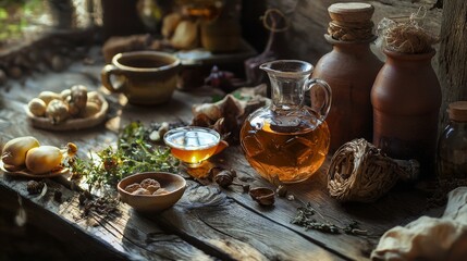 Fototapeta premium Rustic tea and herbs setup with pottery