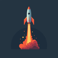 Colorful rocket launch illustration with fire and smoke trail on dark space background for technology and startup concepts 