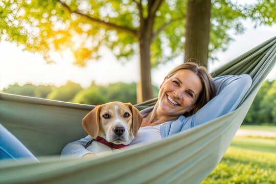 Woman relaxing in a hammock with her pet dog, both content and happy in the outdoor setting.