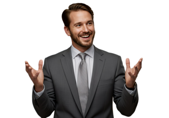 A professional man explaining something with hand gestures and a smile, isolated