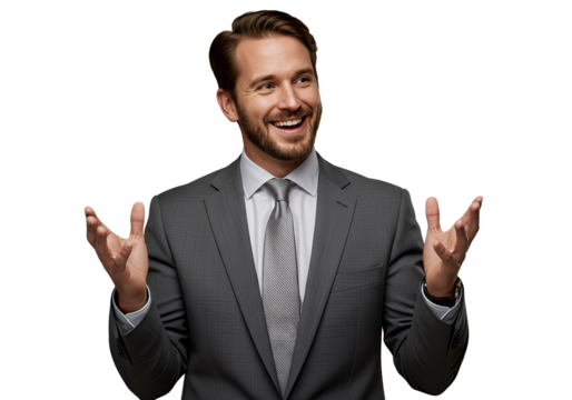 A professional man explaining something with hand gestures and a smile, isolated