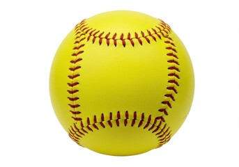 A bright yellow softball with red stitching sits isolated on a white background in a studio shot