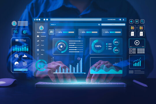 Businessman Analytics Data Dashboard: Key Performance Indicators Monitored by Analyst on Computer. Data System KPI and metrics connected in database for follow earnings, operations, sales data.