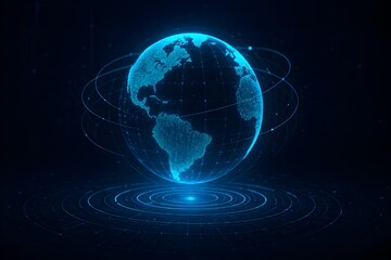 Obraz premium Digital Globe with Holographic Earth and Blue Glowing Orbital Rings in Cyberpunk Style
