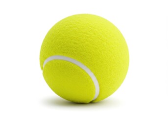 Close-up of a bright yellow tennis ball with a white line on a white background in a studio shot