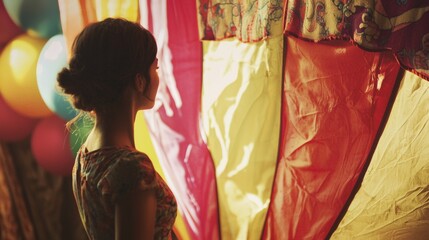 Fototapeta premium Woman in red dress near colorful curtains