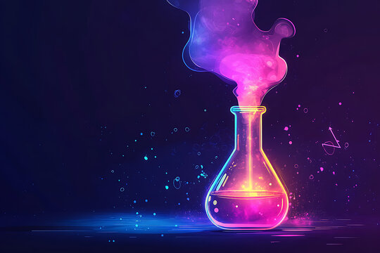 Colorful laboratory flask emitting vibrant smoke against a dark background, symbolizing science